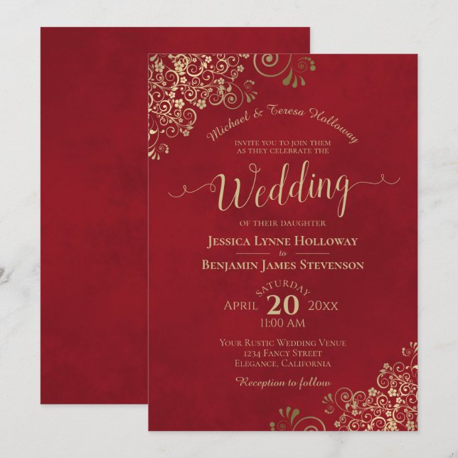 Gold Lace on Crimson Red Elegant Formal Wedding Invitation (Front/Back)