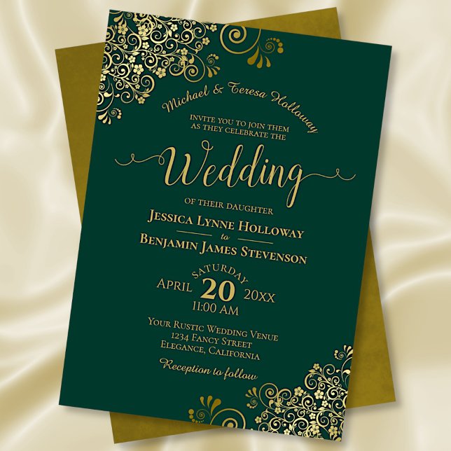 Gold Lace on Emerald Green Elegant Formal Wedding Invitation (Creator Uploaded)
