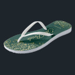 Gold Lace on Emerald Green The Bride Wedding Thongs<br><div class="desc">Dance the night away with these beautiful wedding flip flops. Designed for the bride, they feature a simple yet elegant design with gold coloured script lettering on an emerald green coloured background and fancy golden lace curls and swirls. Beautiful way to stay fancy and appropriate while giving your feet a...</div>