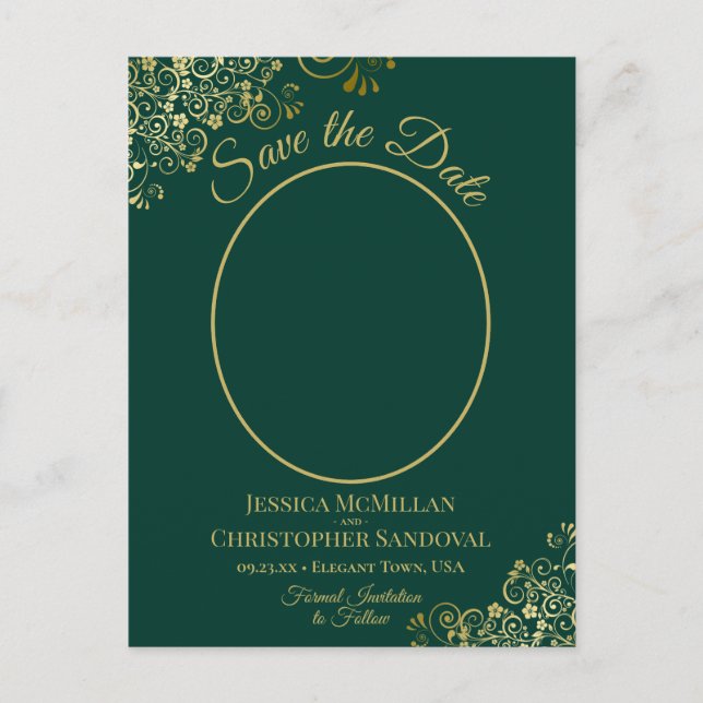 Gold Lace on Emerald Wedding Save the Date Photo Announcement Postcard (Front)