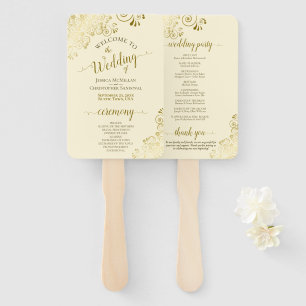 Gold Lace on Ivory Cream Elegant Wedding Program Hand Fan