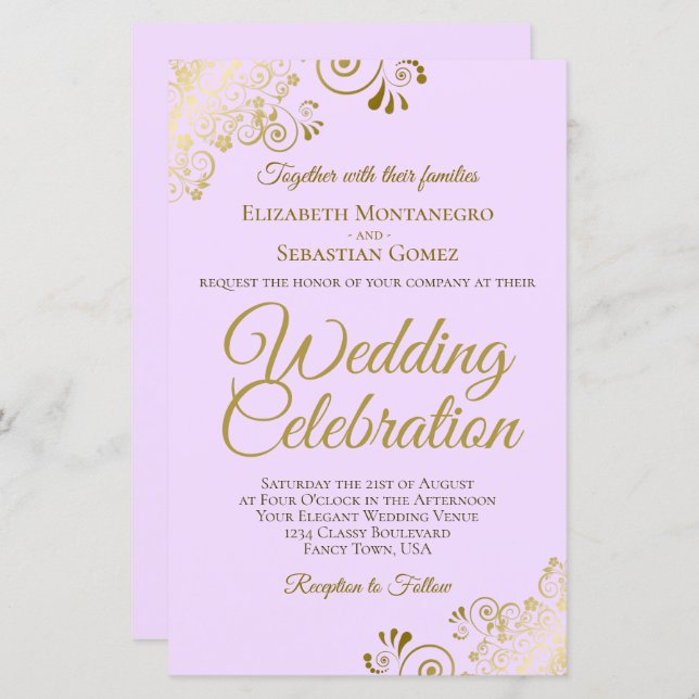 Gold Lace on Lilac BUDGET Wedding Invitation Large (Front/Back)