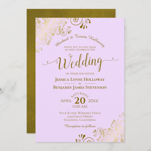 Gold Lace on Lilac Purple Elegant Formal Wedding Invitation (Front/Back)