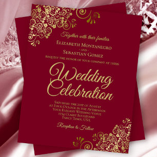 Gold Lace on Maroon Budget Wedding Invitation
