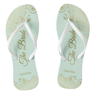 Gold Lace on Mint Green The Bride Elegant Wedding Thongs