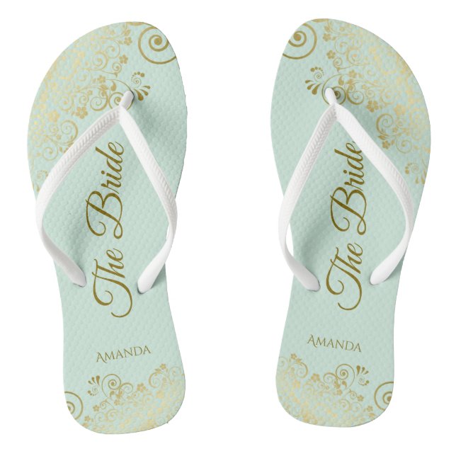 Gold Lace on Mint Green The Bride Elegant Wedding Thongs (Footbed)