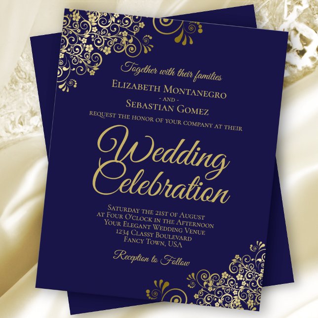 Gold Lace on Navy Blue BUDGET Wedding Invitation (Creator Uploaded)