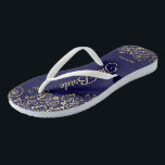 Gold Lace on Navy Blue The Bride Wedding Thongs<br><div class="desc">Dance the night away with these beautiful wedding flip flops. Designed for the bride, they feature a simple yet elegant design with gold coloured script lettering on a navy blue coloured background and fancy golden lace curls and swirls. Beautiful way to stay fancy and appropriate while giving your feet a...</div>