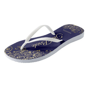Gold Lace on Navy Blue The Bride Wedding Thongs