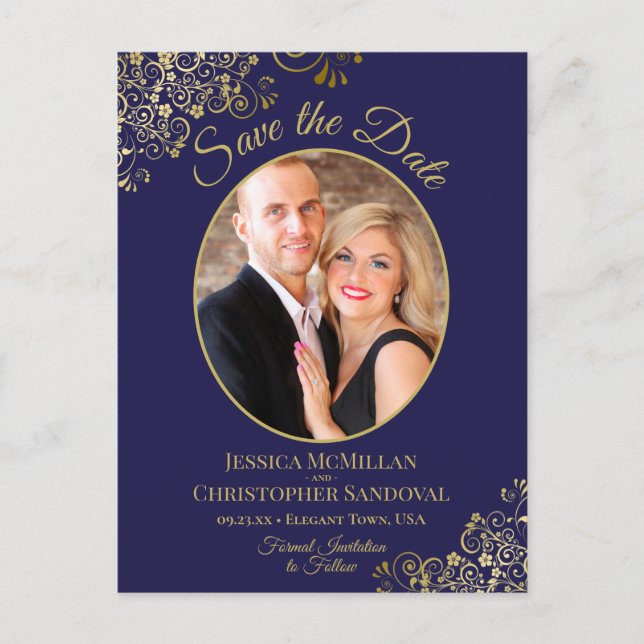 Gold Lace on Navy Wedding Save the Date Oval Photo Announcement Postcard (Front)