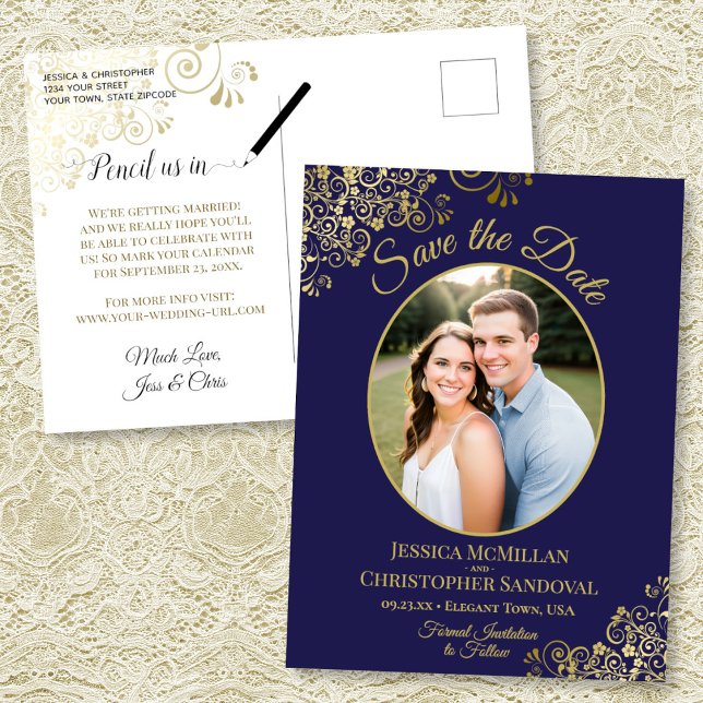 Gold Lace on Navy Wedding Save the Date Oval Photo Announcement Postcard (Front/Back)