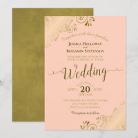 Gold Lace on Peach Elegant Calligraphy Wedding