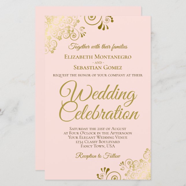 Gold Lace on Pink BUDGET Wedding Invitation Large (Front/Back)