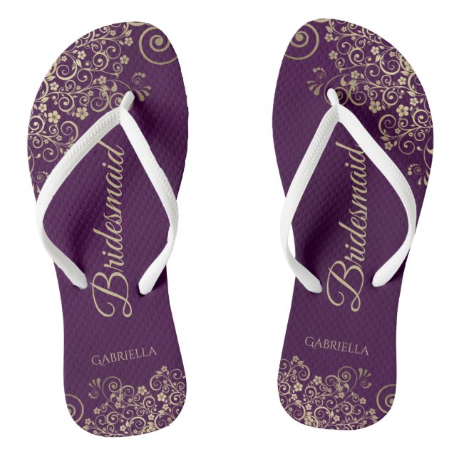 Gold Lace on Plum Purple Chic Bridesmaid Wedding Thongs (Footbed)