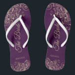 Gold Lace on Plum Purple Elegant The Bride Wedding Thongs<br><div class="desc">Dance the night away with these beautiful wedding flip flops. Designed for the bride, they feature a simple yet elegant design with gold coloured script lettering on a plum purple coloured background and fancy golden lace curls and swirls. Beautiful way to stay fancy and appropriate while giving your feet a...</div>