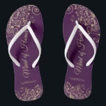 Gold Lace on Plum Purple Maid of Honour Wedding Thongs<br><div class="desc">These beautiful wedding flip flops are a great way to thank and recognise your Maid of Honour while saving her feet at the same time. Features an elegant design with golden lace frills on a deep plum purple coloured background and fancy gold coloured script lettering. The test reads Maid of...</div>