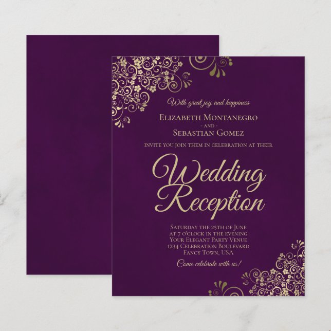 Gold Lace on Plum Wedding Reception BUDGET Invite (Front/Back)