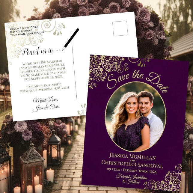 Gold Lace on Plum Wedding Save the Date Oval Photo Announcement Postcard (Front/Back)