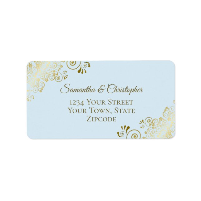 Gold Lace on Powder Blue Elegant Wedding Address L Label (Front)