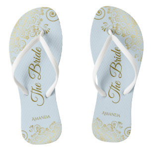 Gold Lace on Powder Blue The Bride Elegant Wedding Thongs
