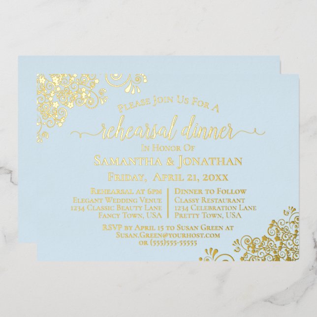 Gold Lace on Powder Blue Wedding Rehearsal Dinner (Front/Back)