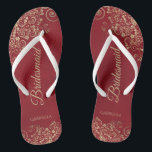 Gold Lace on Red Elegant Bridesmaid Wedding Thongs<br><div class="desc">These elegant wedding flip flops are a great way to thank and recognise your bridesmaids, while giving their feet a rest after a long day. The beautiful design features an elegant design with golden lace frills on a crimson red coloured background and fancy gold coloured script lettering. The text reads...</div>