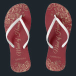 Gold Lace on Red Elegant Maid of Honour Wedding Thongs<br><div class="desc">These beautiful wedding flip flops are a great way to thank and recognise your Maid of Honour while saving her feet at the same time. Features an elegant design with golden lace frills on a crimson red background and fancy gold coloured script lettering. The test reads Maid of Honour with...</div>