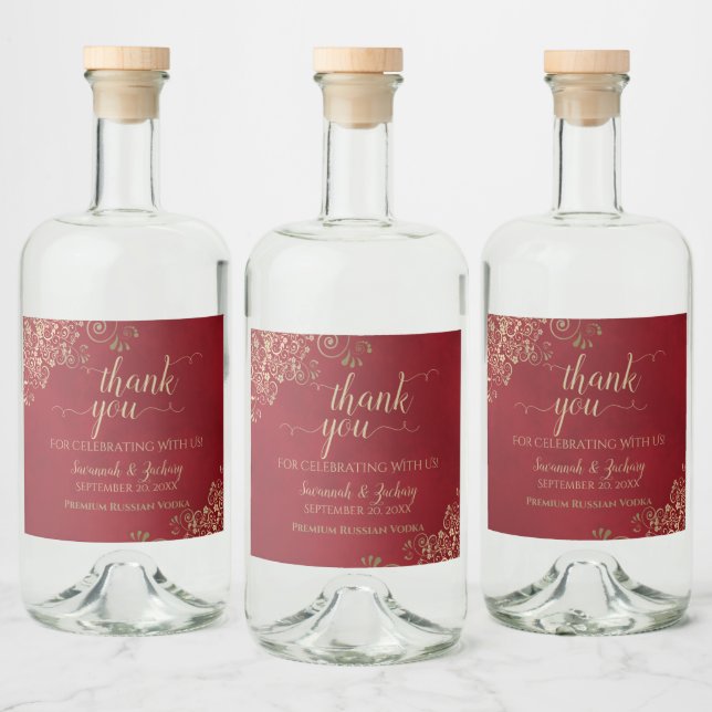 Gold Lace on Red Elegant Wedding Thank You Liquor Bottle Label (Bottles)