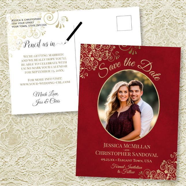 Gold Lace on Red Wedding Save the Date Oval Photo Announcement Postcard (Front/Back)
