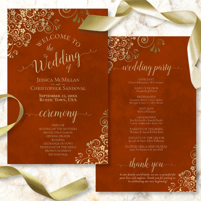 Gold Lace on Rust Orange Budget Wedding Program (Creator Uploaded)
