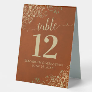 Gold Lace on Rust Orange Wedding Table Number