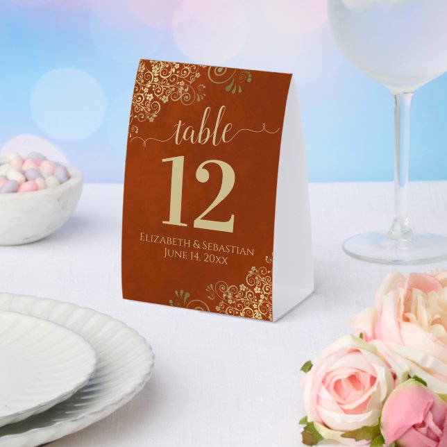 Gold Lace on Rust Orange Wedding Table Number (Insitu(Wedding))