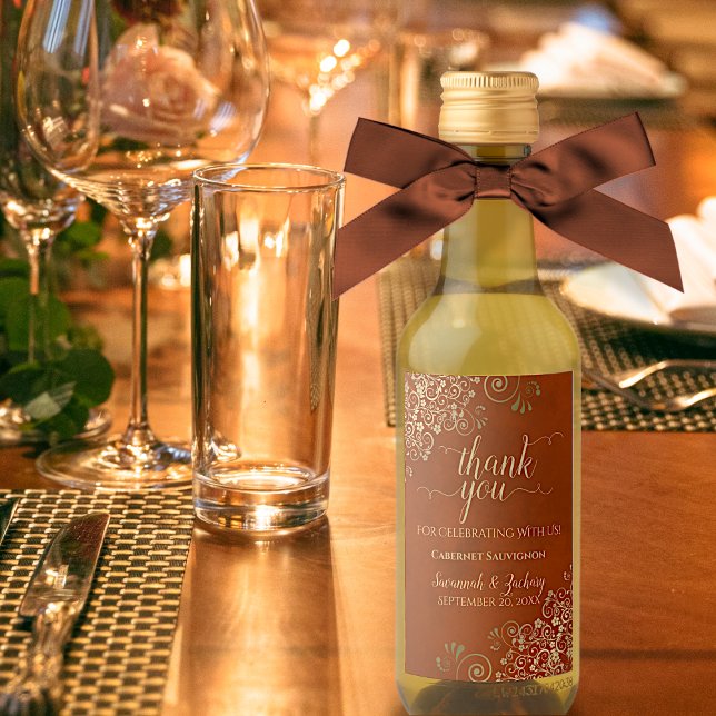 Gold Lace on Rust Orange Wedding Thank You Mini Wine Label (Creator Uploaded)