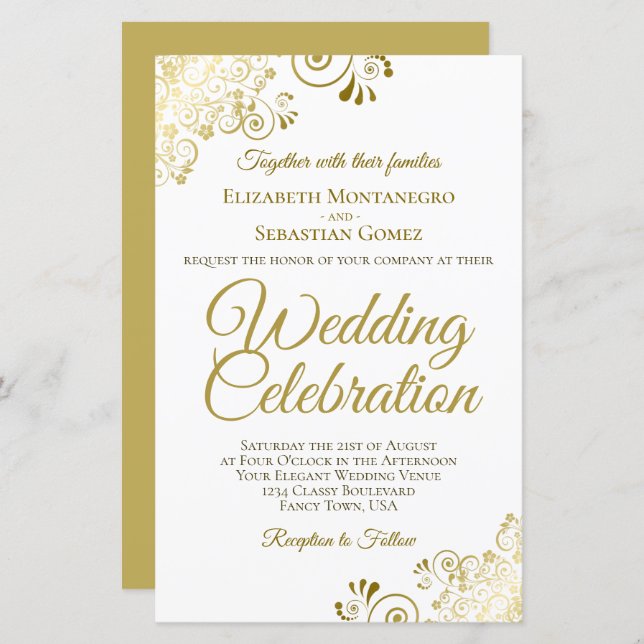 Gold Lace on White BUDGET Wedding Invitation Large (Front/Back)