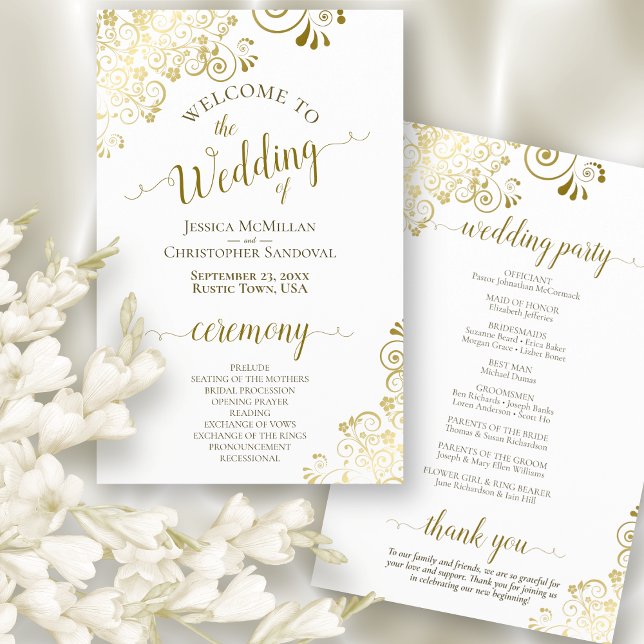 Gold Lace on White Elegant Budget Wedding Program (Front and Back)