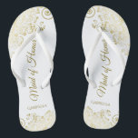 Gold Lace on White Elegant Maid of Honour Wedding Thongs<br><div class="desc">These beautiful wedding flip flops are a great way to thank and recognise your Maid of Honour while saving her feet at the same time. Features an elegant design with golden lace frills on a white background and fancy gold coloured script lettering. The test reads Maid of Honour with her...</div>