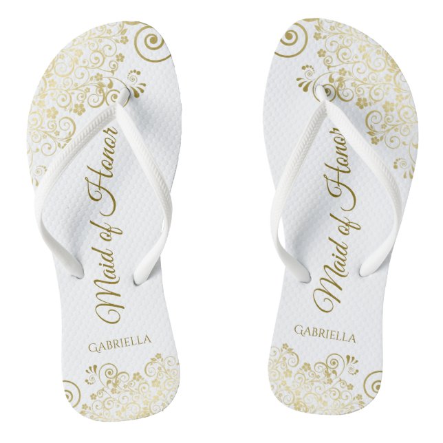 Gold Lace on White Elegant Maid of Honour Wedding Thongs (Footbed)