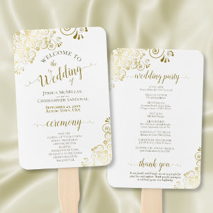 Gold Lace on White Elegant Wedding Program Hand Fan