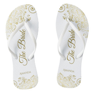Gold Lace on White The Bride Elegant Wedding Thongs