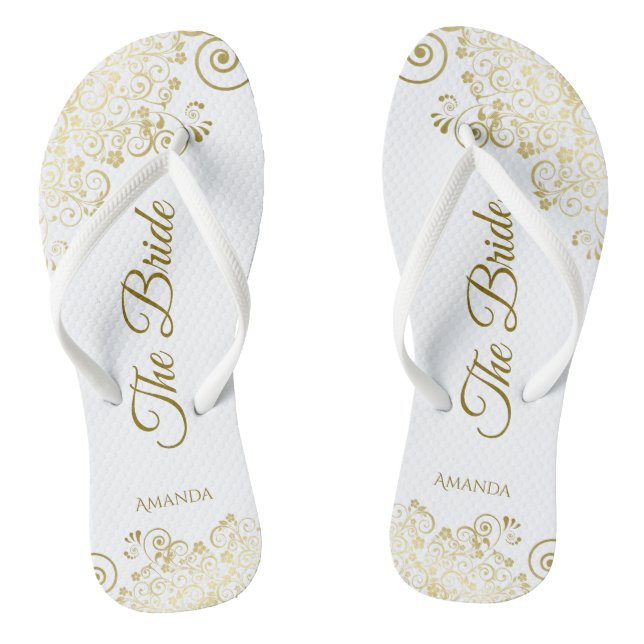 Gold Lace on White The Bride Elegant Wedding Thongs (Footbed)
