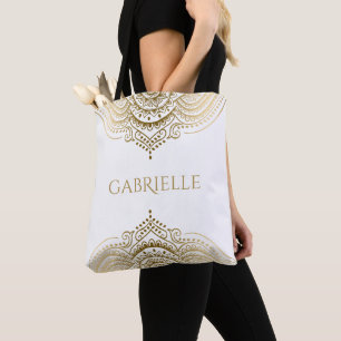 Gold Lace Paisley Mandala Tote Bag