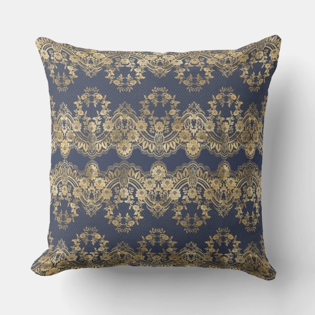 Gold lace,pattern,dark blue,elegant, pattern,chic, cushion (Front)