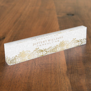 Gold Lace Plush White Damasks Background Nameplate