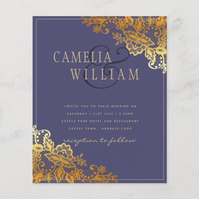 Gold Lace Purple Wedding Invitations Budget Flyer (Front)