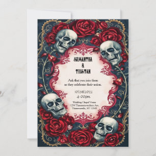 Gold Lace Roses Skulls Gothic Wedding Invitation