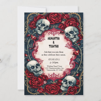 Gold Lace Roses Skulls Gothic Wedding Invitation