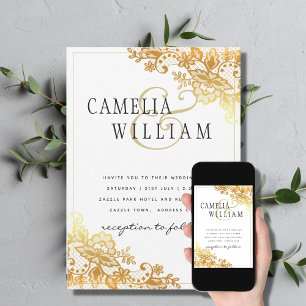 Gold Lace White Wedding Invitation Classic Elegant