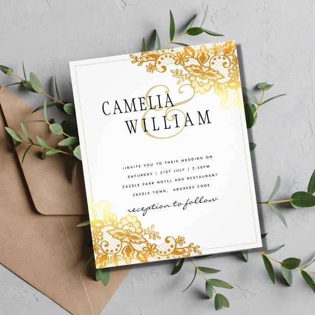Gold Lace White Wedding Invitation Classic Elegant (Creator Uploaded)