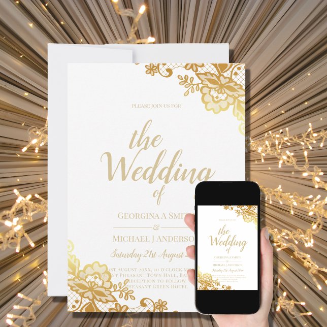 Gold Lace White Wedding Invitation Elegant Classic (Creator Uploaded)