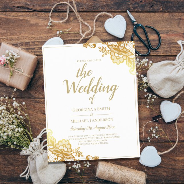 Gold Lace White Wedding Invitation Elegant Classic (Creator Uploaded)